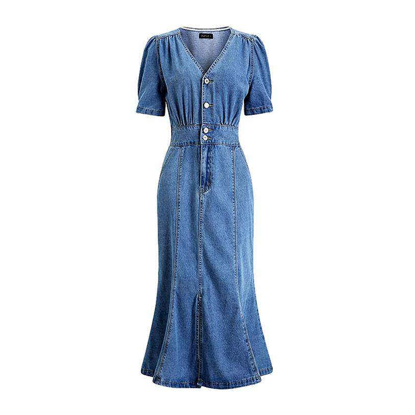 Long peplum denim dress