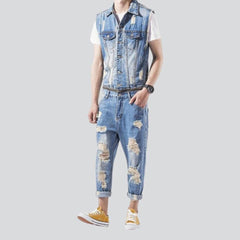 Sleeveless distressed men denim overall