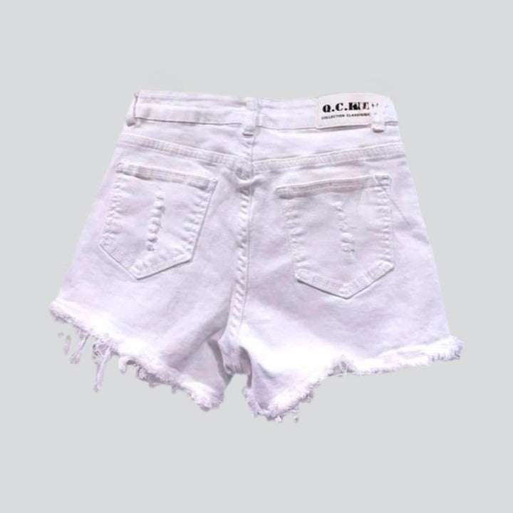 Crystal inscription distressed denim shorts