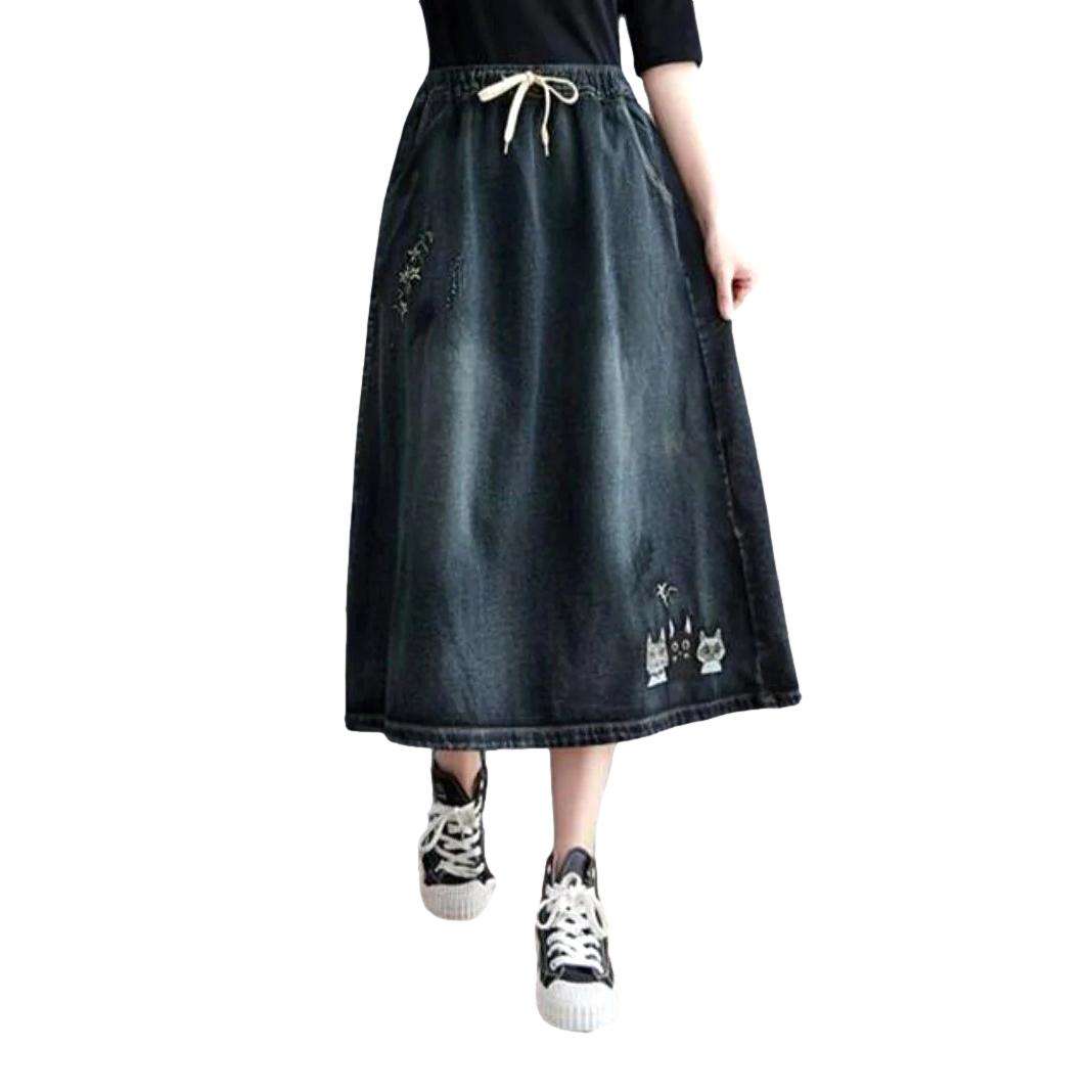 Dark vintage embroidered denim skirt