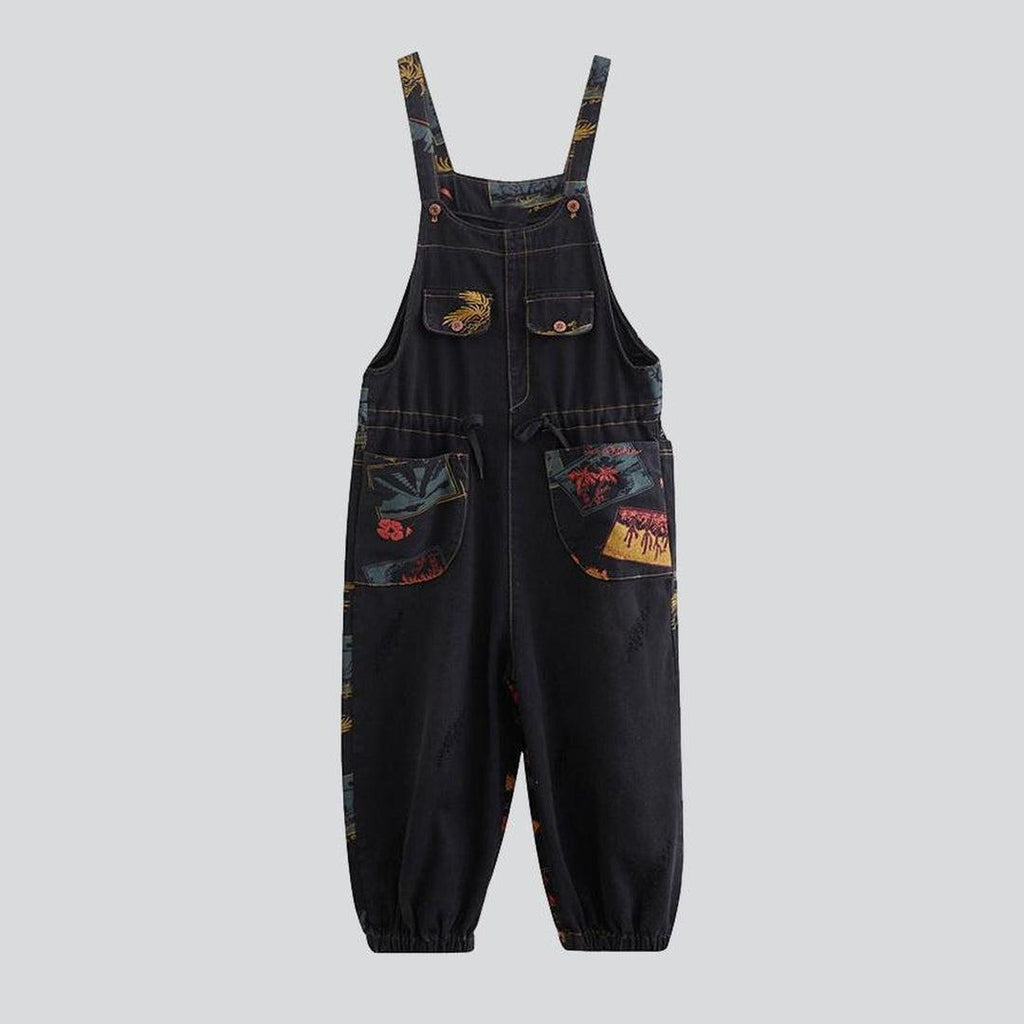 Women denim overall with drawstrings