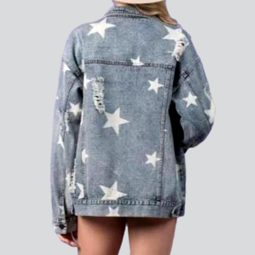 Star print distressed denim jacket