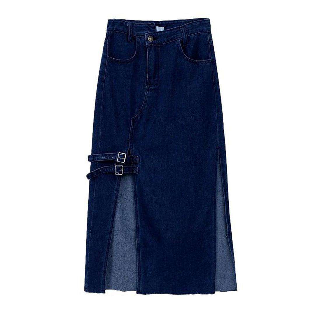 Clip-on slit maxi denim skirt