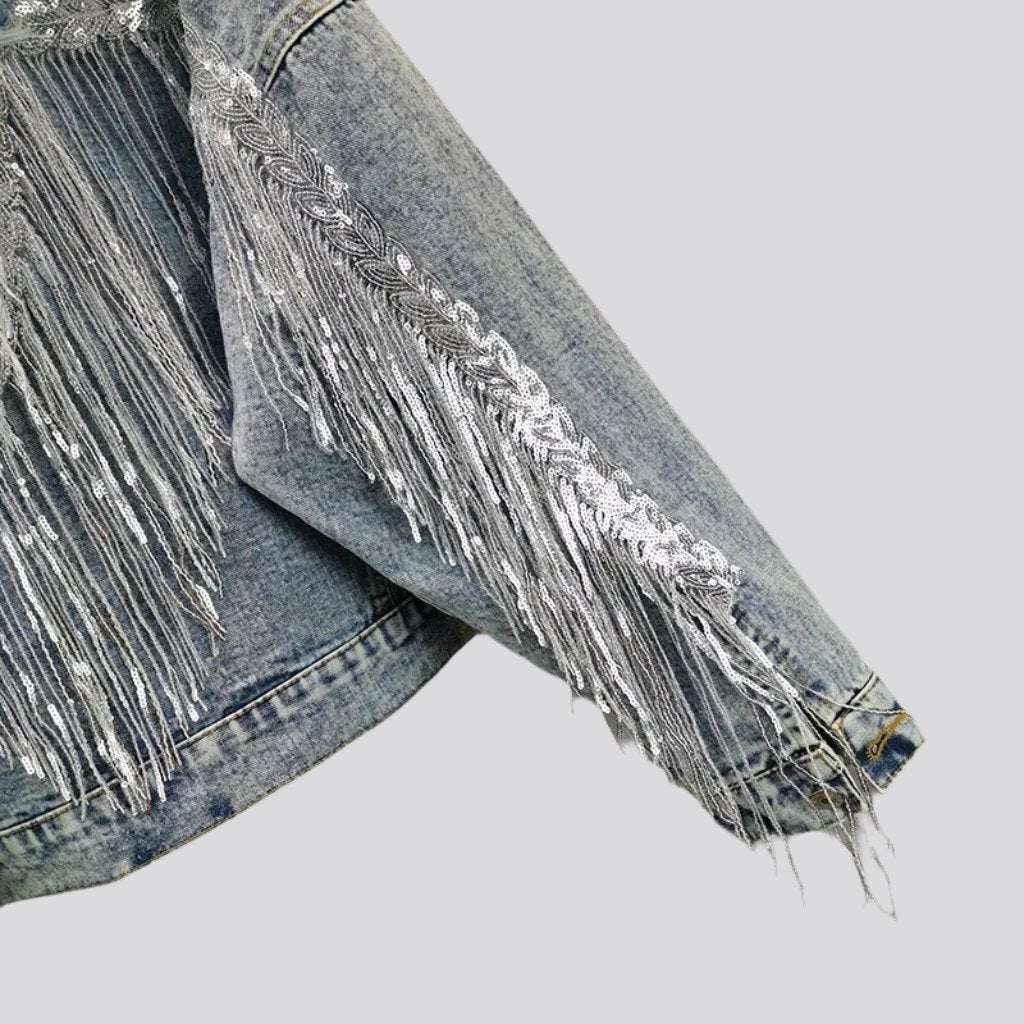 Oversized fringe denim jacket for women