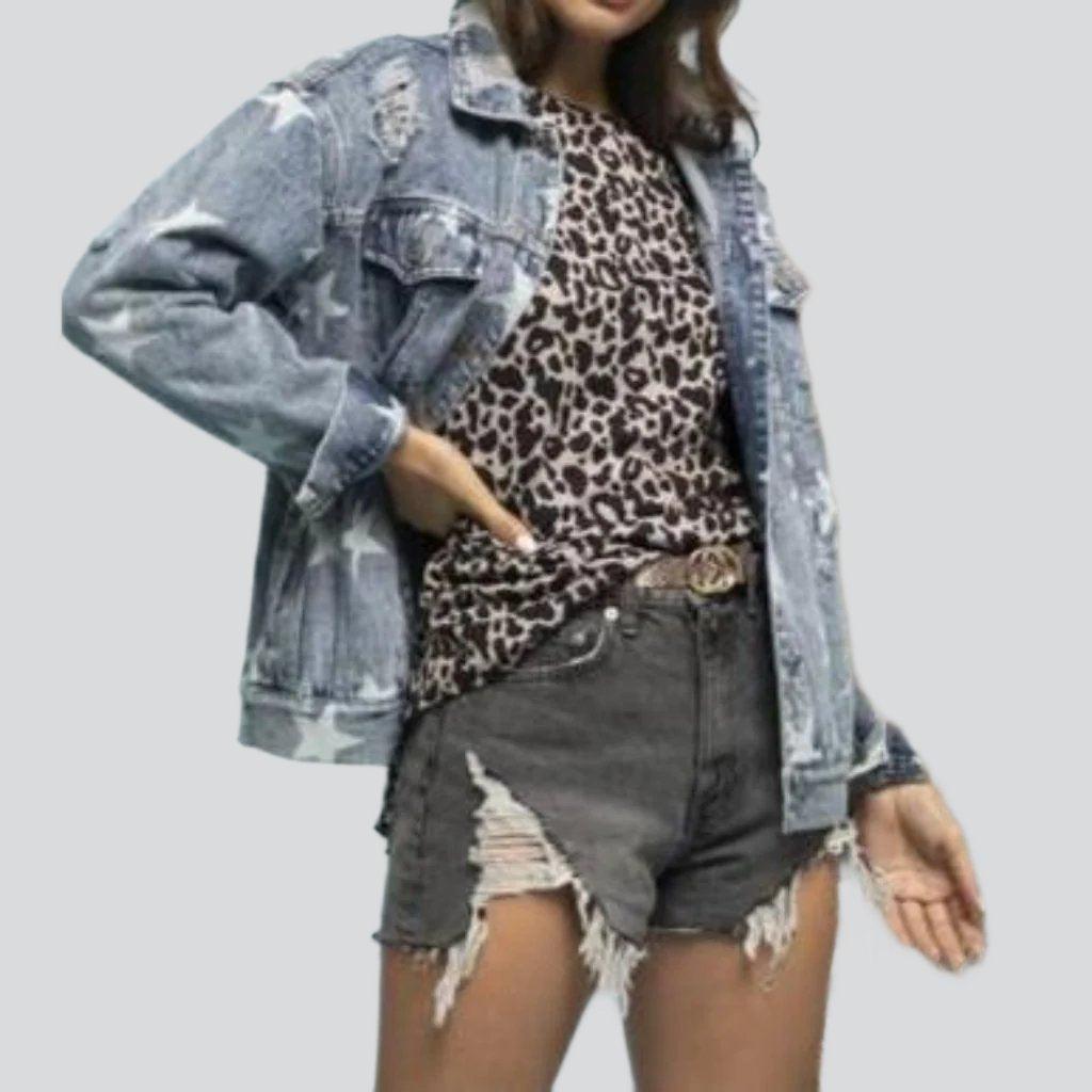 Star print distressed denim jacket