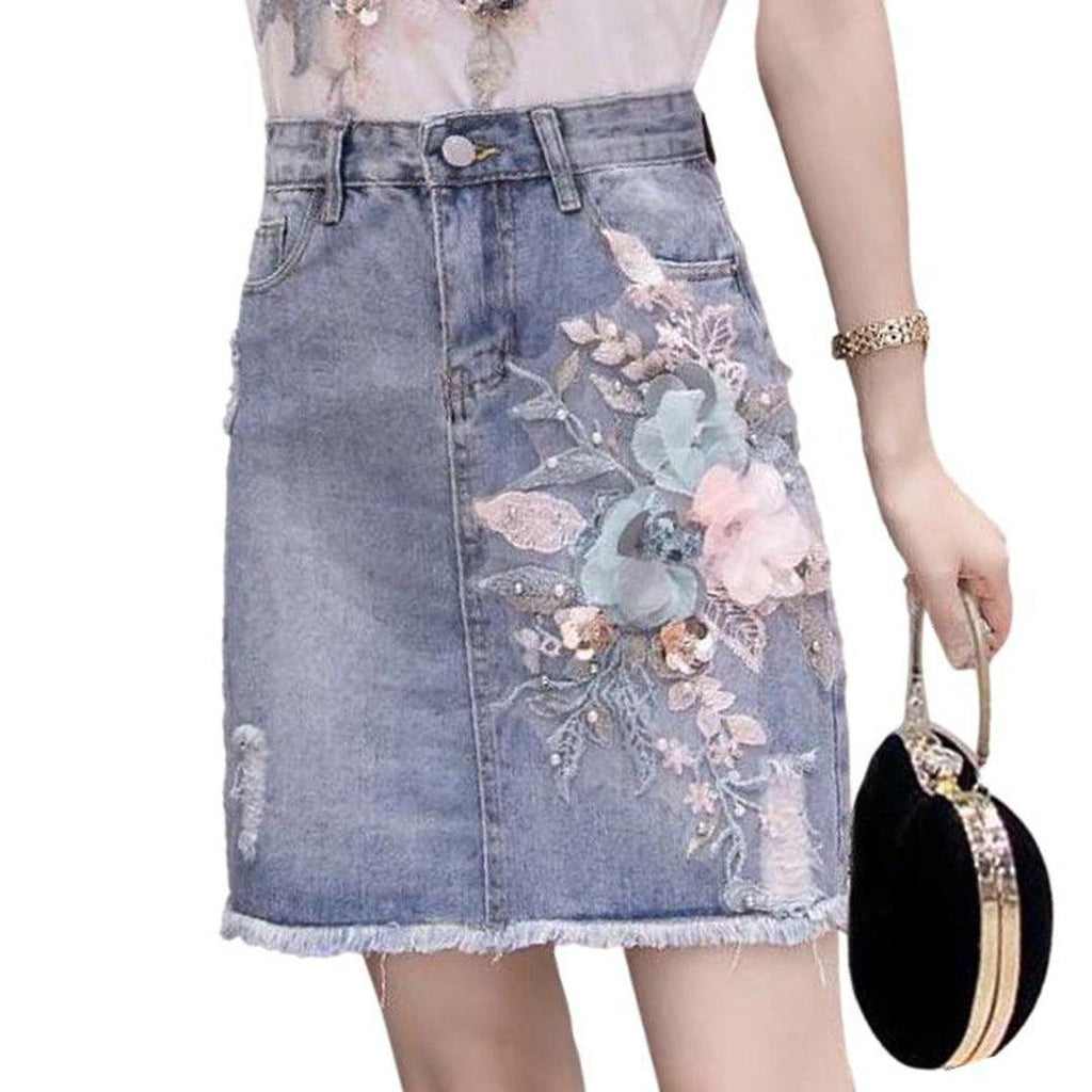 Mini denim skirt with flowers