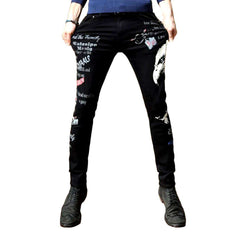 Embroidered black elastic men jeans