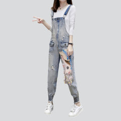 Women head embroidery denim jumpsuit