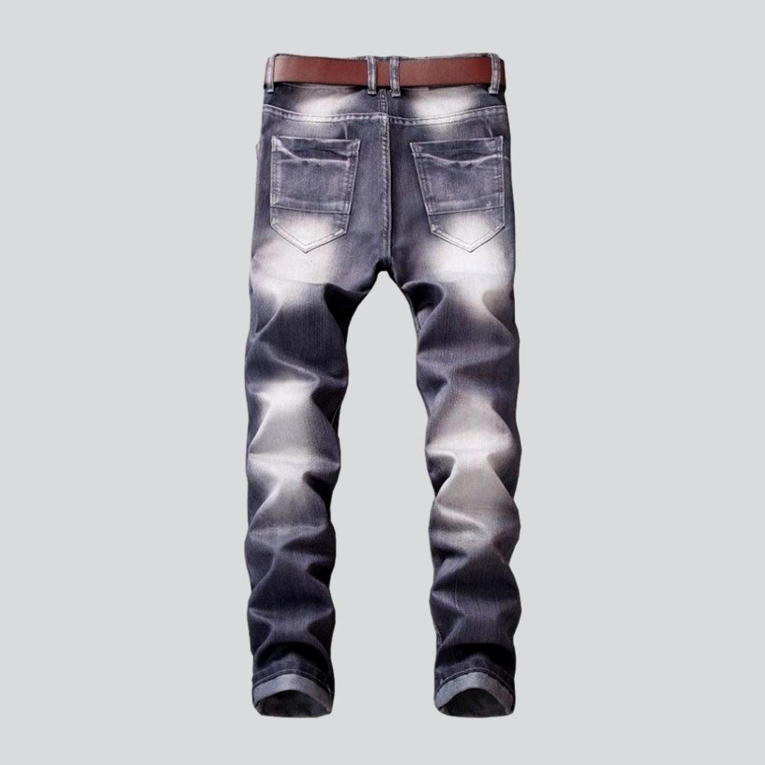 Wrinkled patchwork grey men jeans