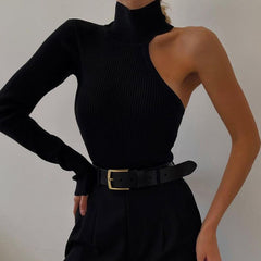 Vittorio Knitted Turtleneck One-Shoulder Bodysuit