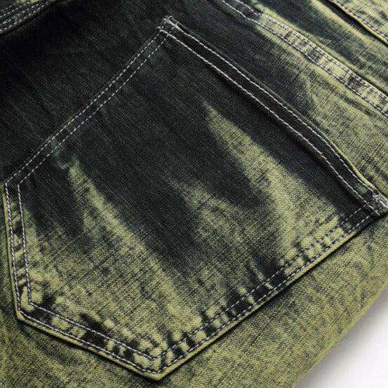 Green over-dyed distressed jeans