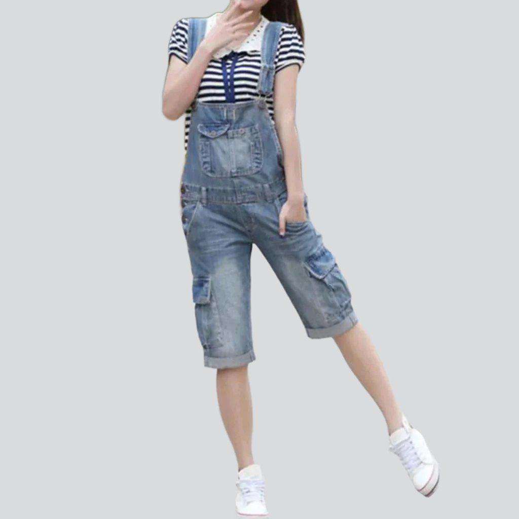 Knee-length cargo denim romper