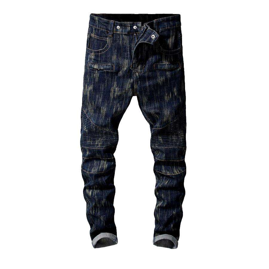 Dark blue painted biker jeans