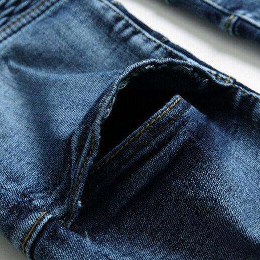 Bestickte blaue Moto-Jeans für Herren