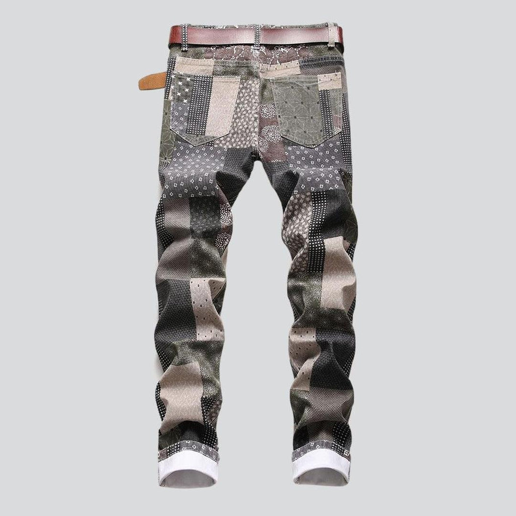 Patchwork print men jeans