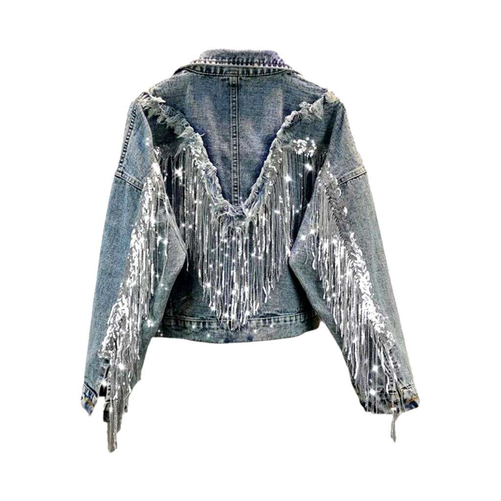 Oversized fringe denim jacket for women