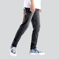 Tiger embroidery grey men jeans