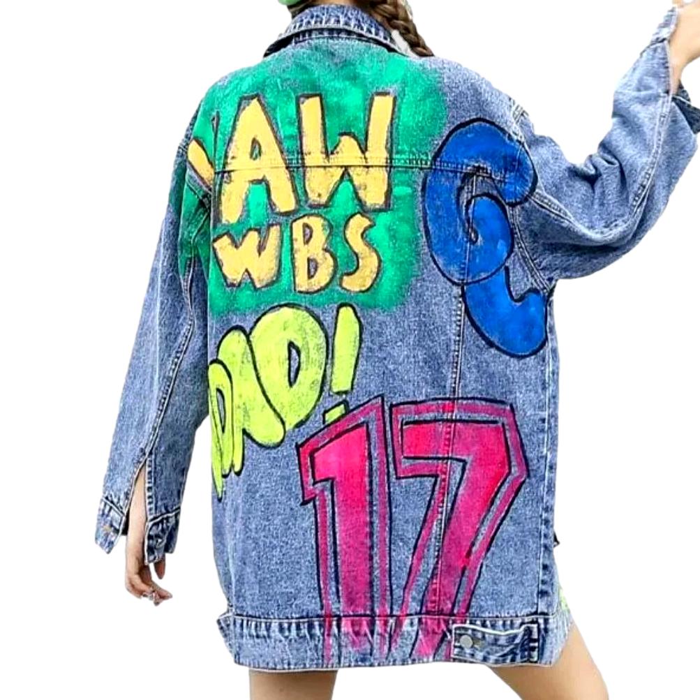 Painted graffiti print denim jacket for ladies