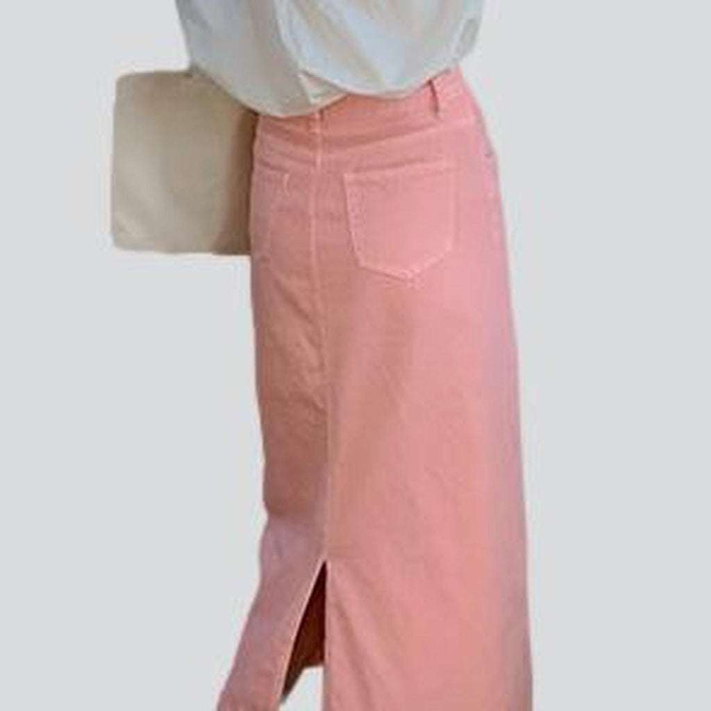 A-line pink long denim skirt