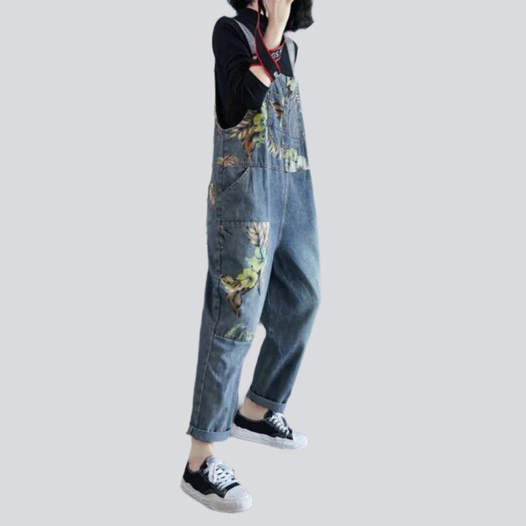 Printed vintage women denim jumpsuit