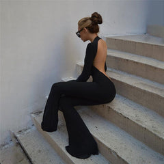 Yummy Mummy Backless Long Sleeve Flare Leg Jumpsuit