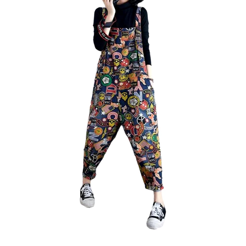 Cartoon print denim jumpsuit for women