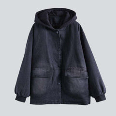 Denim bomber with black hood