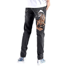 Tiger embroidery grey men jeans