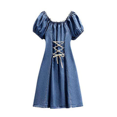 Flare denim dress with drawstrings