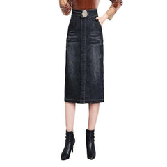 High-waisted midi denim skirt