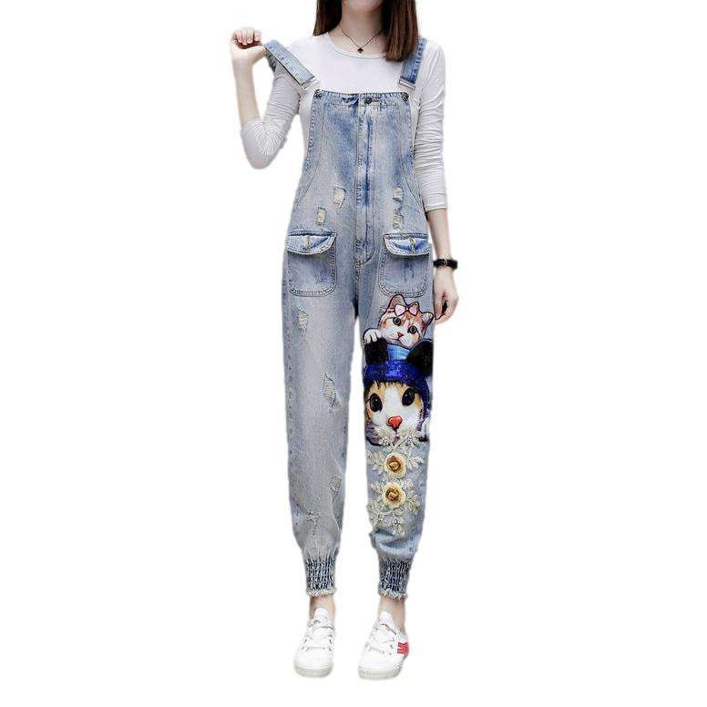 Cats embroidery women denim jumpsuit