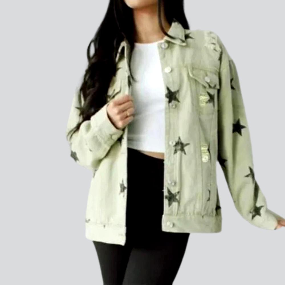 Star print distressed denim jacket