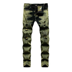 Green over-dyed distressed jeans