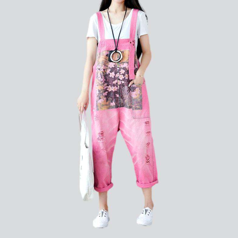 Flower portrait print denim dungaree