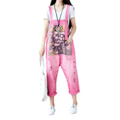 Flower portrait print denim dungaree