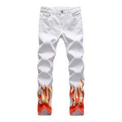 Flame-painted white men jeans