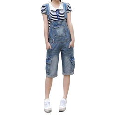 Knee-length cargo denim romper