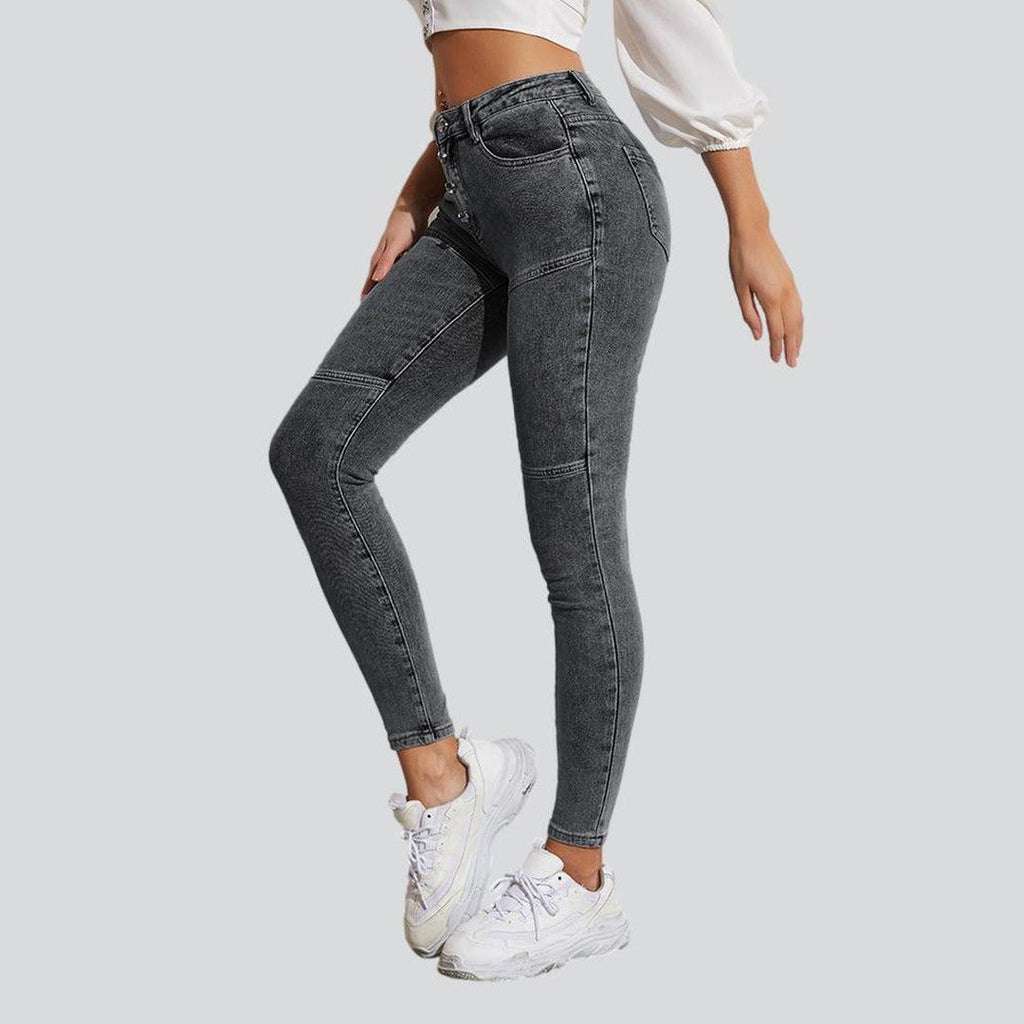 Exposed button skinny women jeans