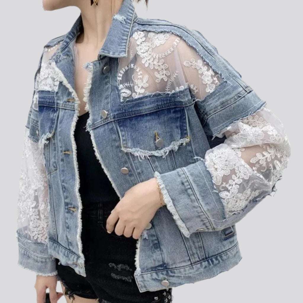 Mixed lace fabric denim jacket