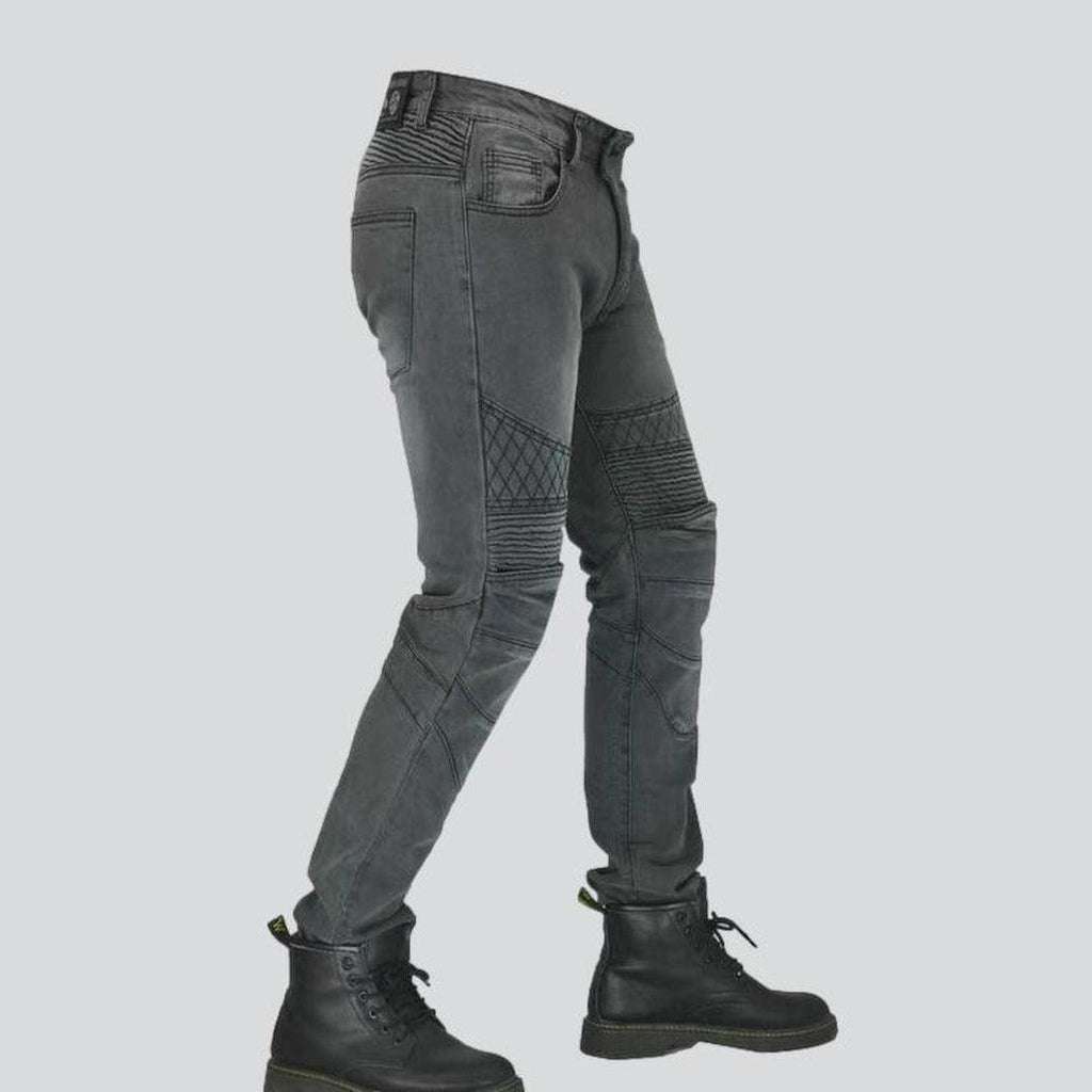 Embroidered grey men biker jeans