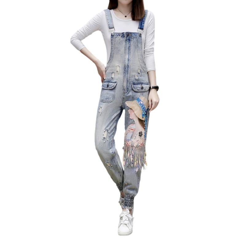 Women head embroidery denim jumpsuit