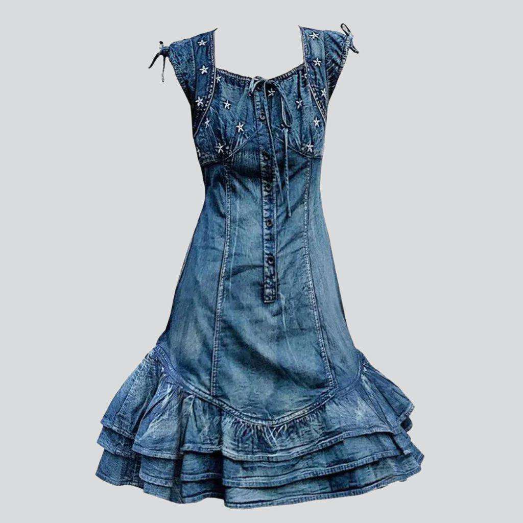 Embroidered frills mini denim dress