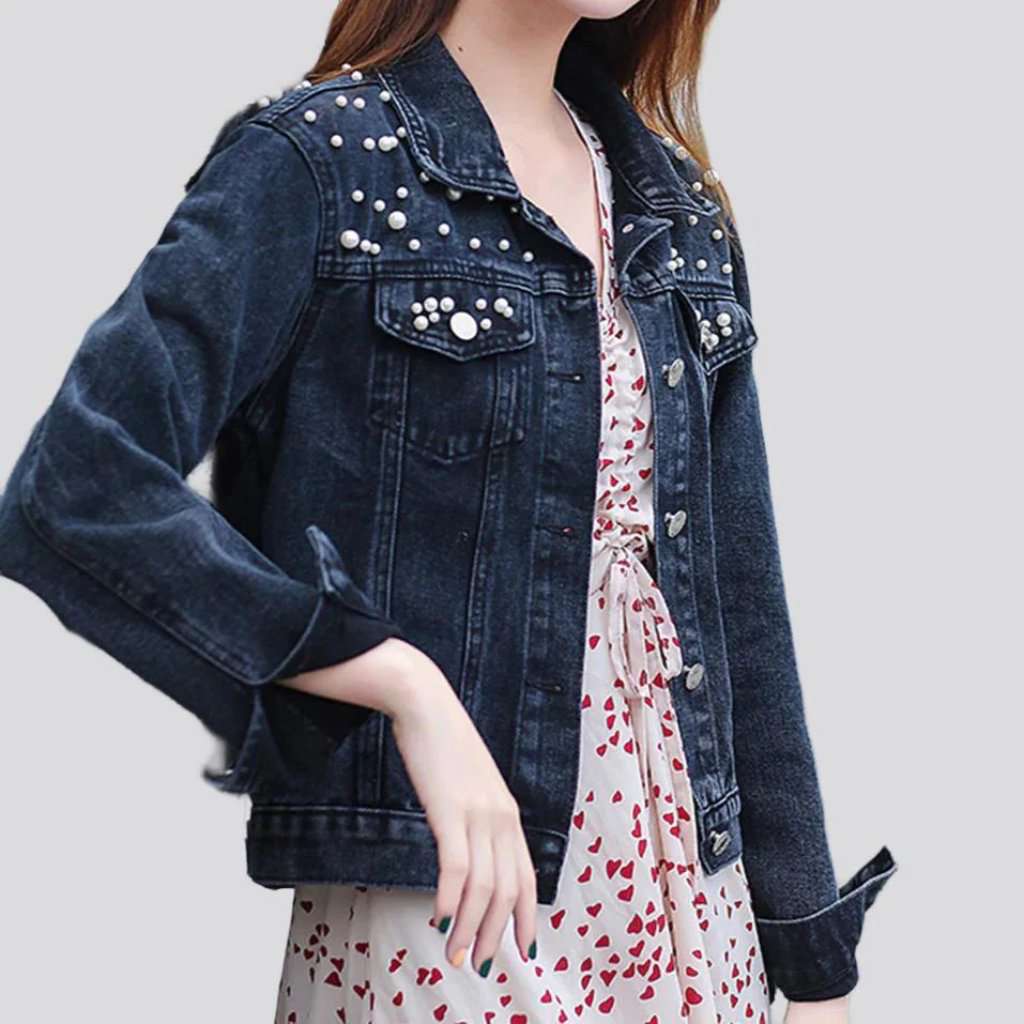 Embellished shoulders women denim jacket