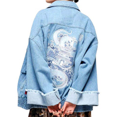 Jeansjacke mit chinesischer Drachenstickerei