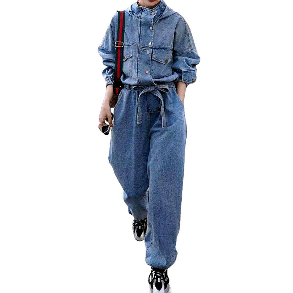 Hooded baggy women denim overall