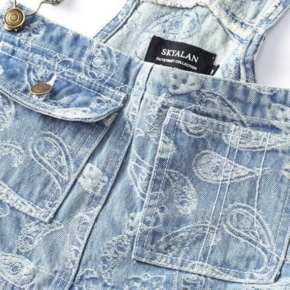 Ornament print men denim jumpsuit