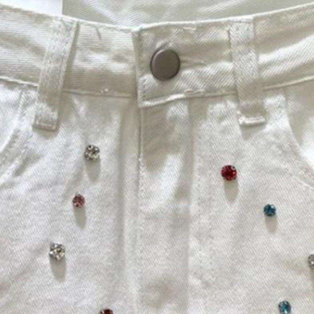 Color crystal-embellished denim skirt