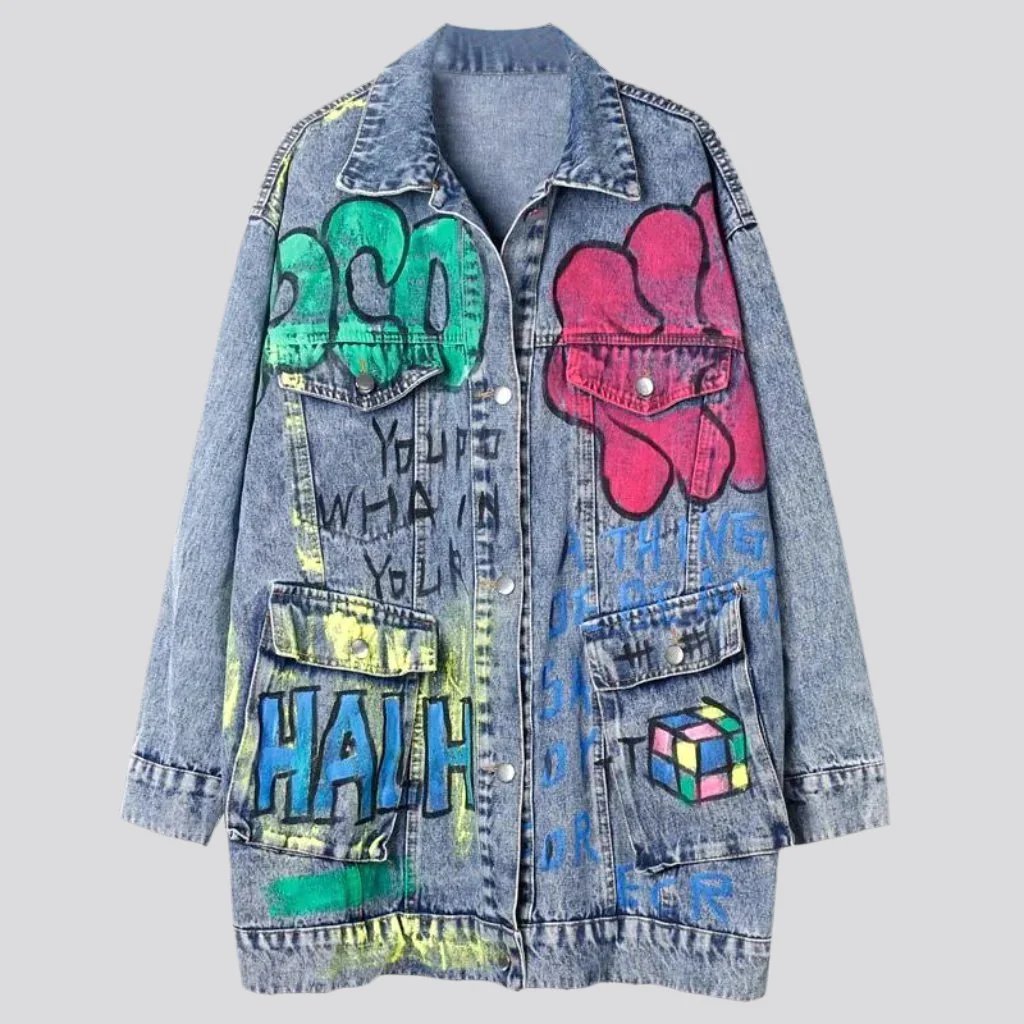 Painted graffiti print denim jacket for ladies