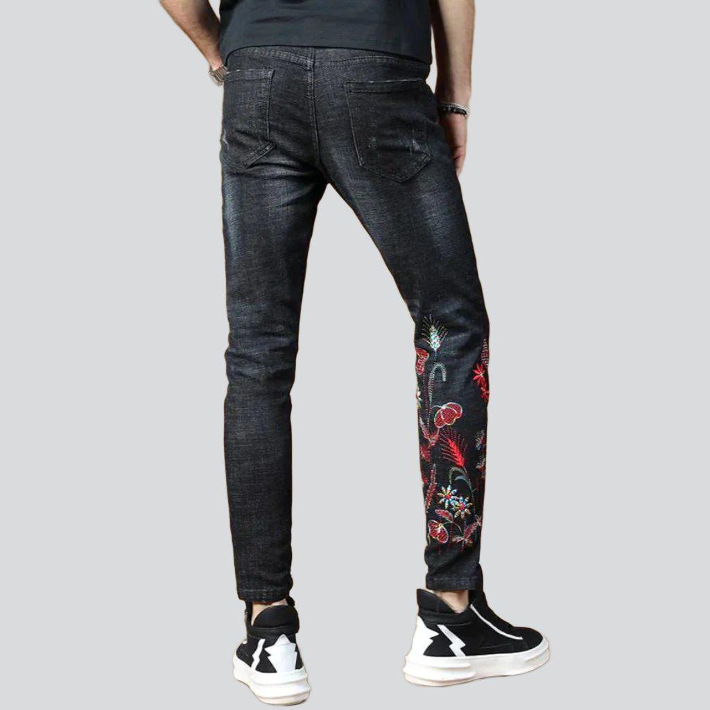 Red embroidery skinny men jeans