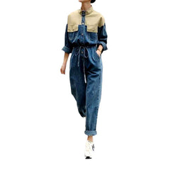 Mixed fabric loose denim overall